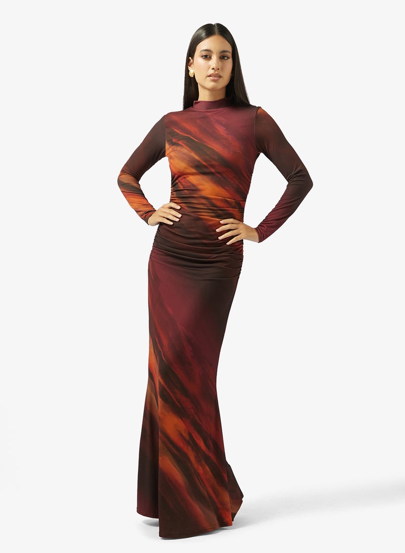TFNC Printed Shoulder Cutout Neck Tie Long Sleeve Maxi Dress - Image 1